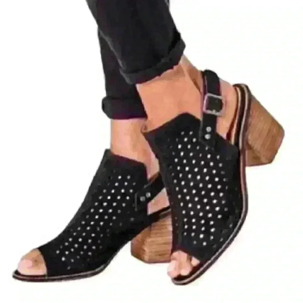 Chinese laundry black laser cut peep toe bootie heels 9